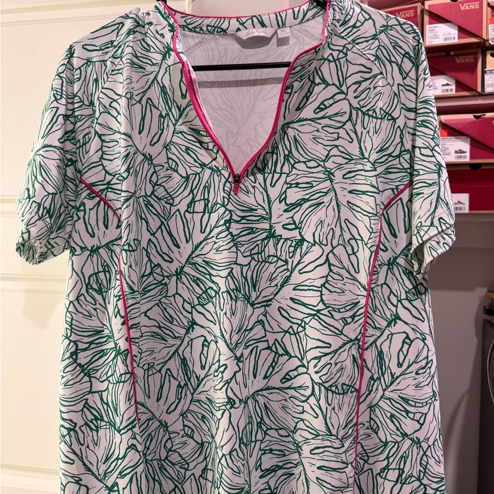 Lady Hagen Green and Pink Leaf Print Top